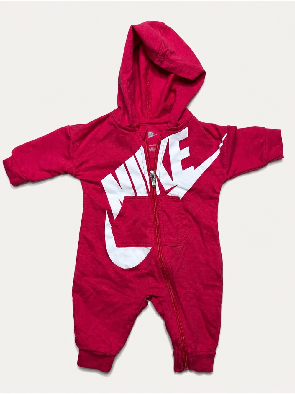 Nike Red Hooded Baby One-Piece Footie with White Logo